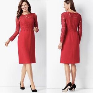 Talbots RSVP Lace Overlay Sheath Midi Dress Womens Sz 14 Red Long Sleeve